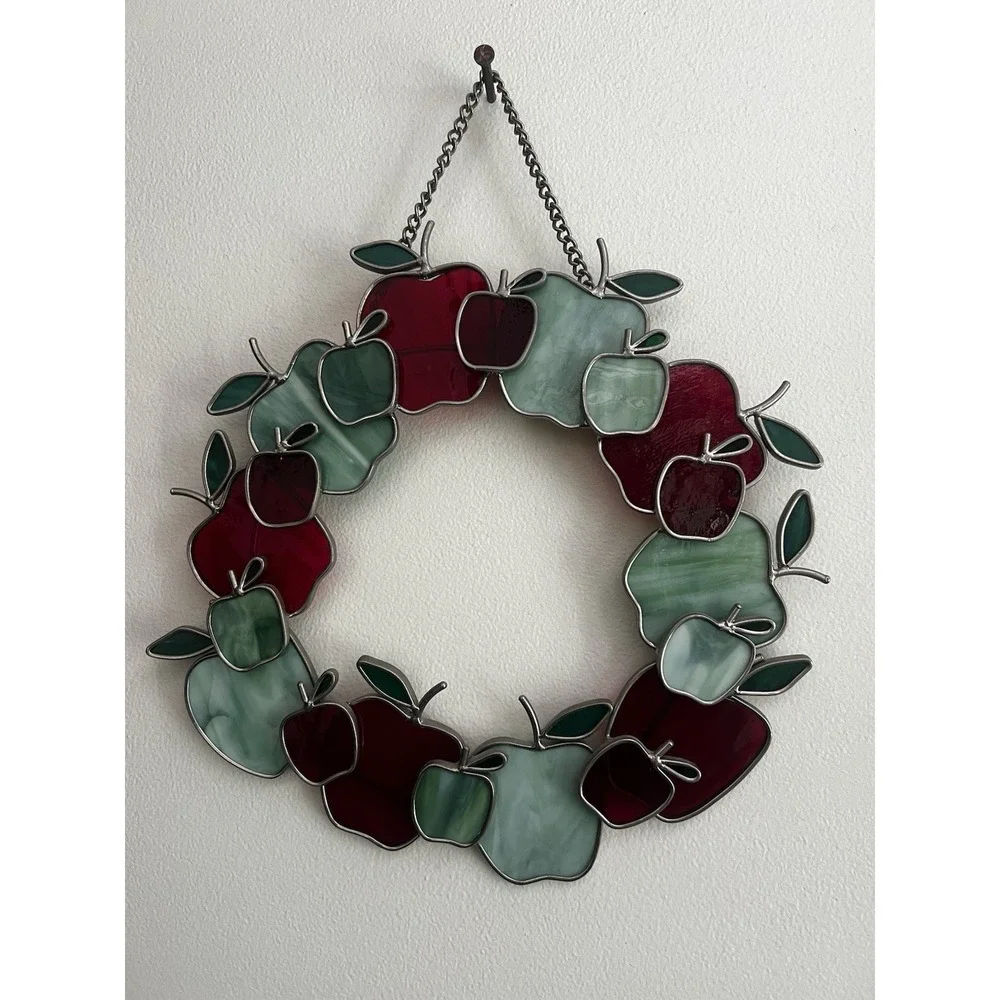 Stained Glass Wreath Chain For Hanging Apples Red Green Fall Teacher Sun Catcher - Picture 1 of 8